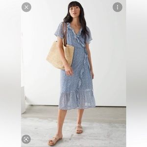 & Other Stories Ruffle Midi Wrap Dress in Blue and White